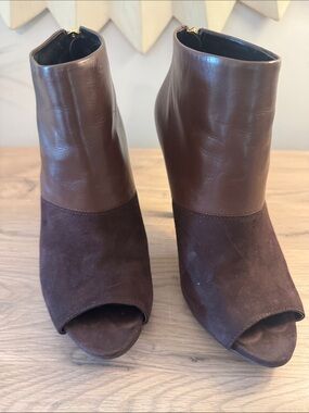 Nine West Brown Leather & Suede Open-Toe Ankle Booties